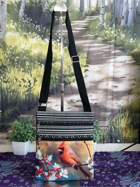 Black & Multicolor Crossbody Bag with Cardinal Print